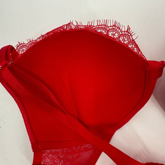 Victoria’s Secret Bombshell Bra Size 36B Red Plunge Pushup Lace Padded Straps - Picture 9 of 15